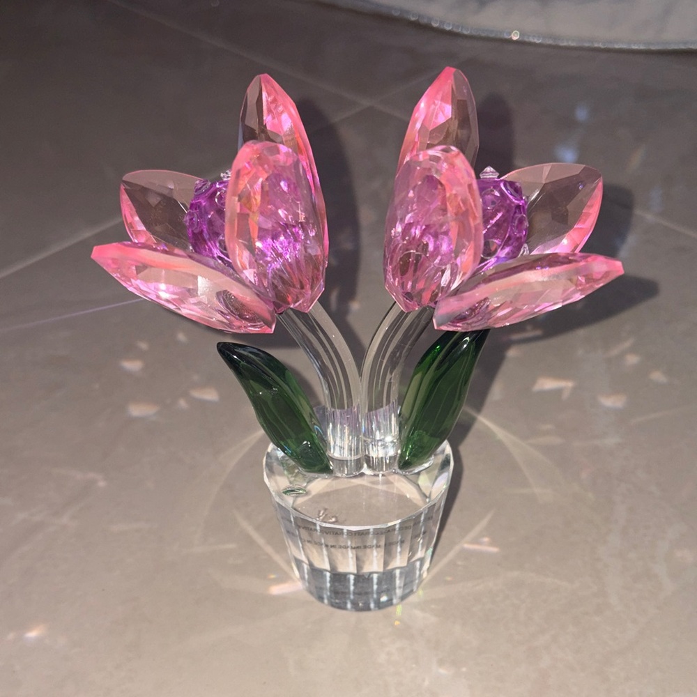 Crystal Flower Valentine’s Day Figurine with Pink and Green Accents